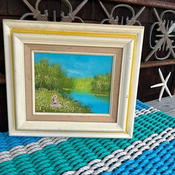 Vintage Landscape Impressionist Oil Painting of a Lady by a Lake. - Picture 10 of 11